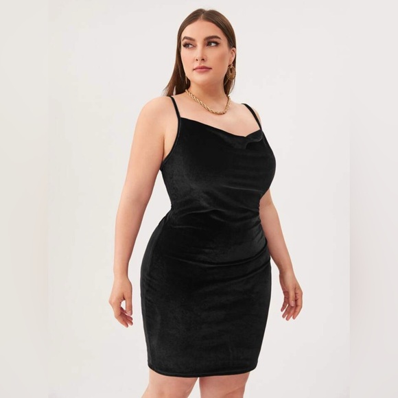 SHEIN Privé Plus Black Cowl Neck Velvet Bodycon Dress 1X sz 14 NWT - Picture 1 of 9